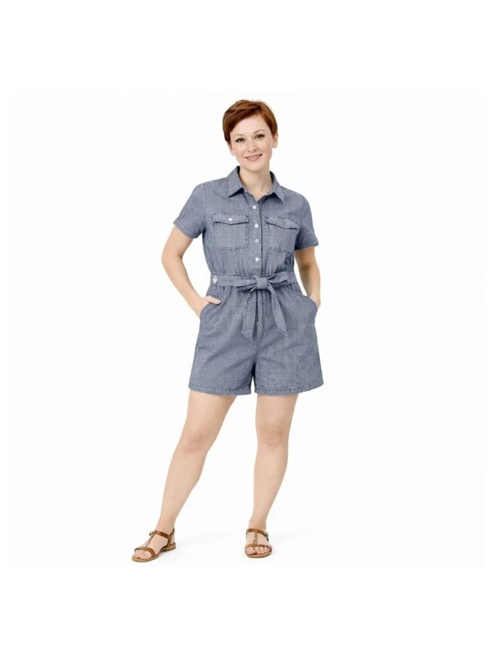 Universal Thread Blue White Striped Denim Romper M